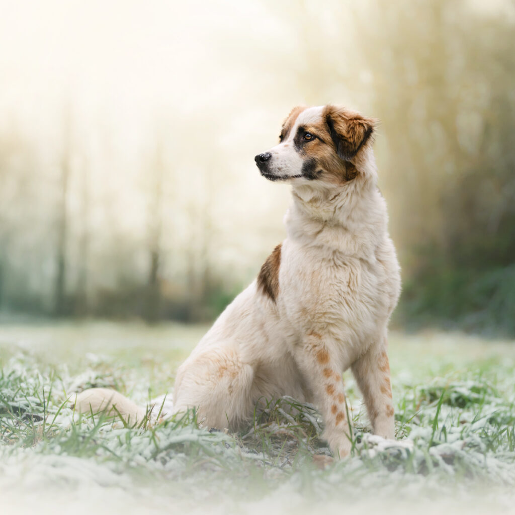 griechischer Hüttehund sitzt im Gras und schaut zur Seite. Es ist Winter.